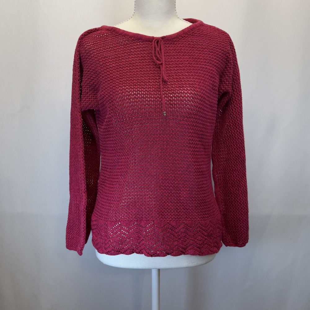 Talbots Petite Pink Open Knit Crochet Pullover Sweater with Tie Neck Size M